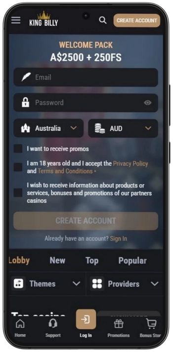 Register form on King Billy Casino