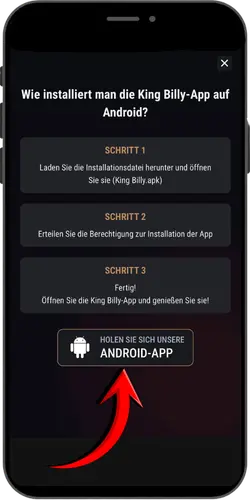 Link zum Herunterladen der King Billy-App im mobilen Menü