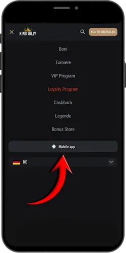 Öffnen der King Billy Casino-Website im mobilen Browser